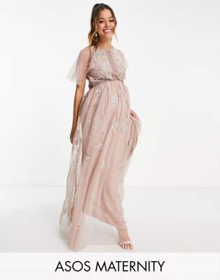 ASOS DESIGN Maternity Bridesmaid pearl embellished maxi dress with floral embroidery in rose-Pink