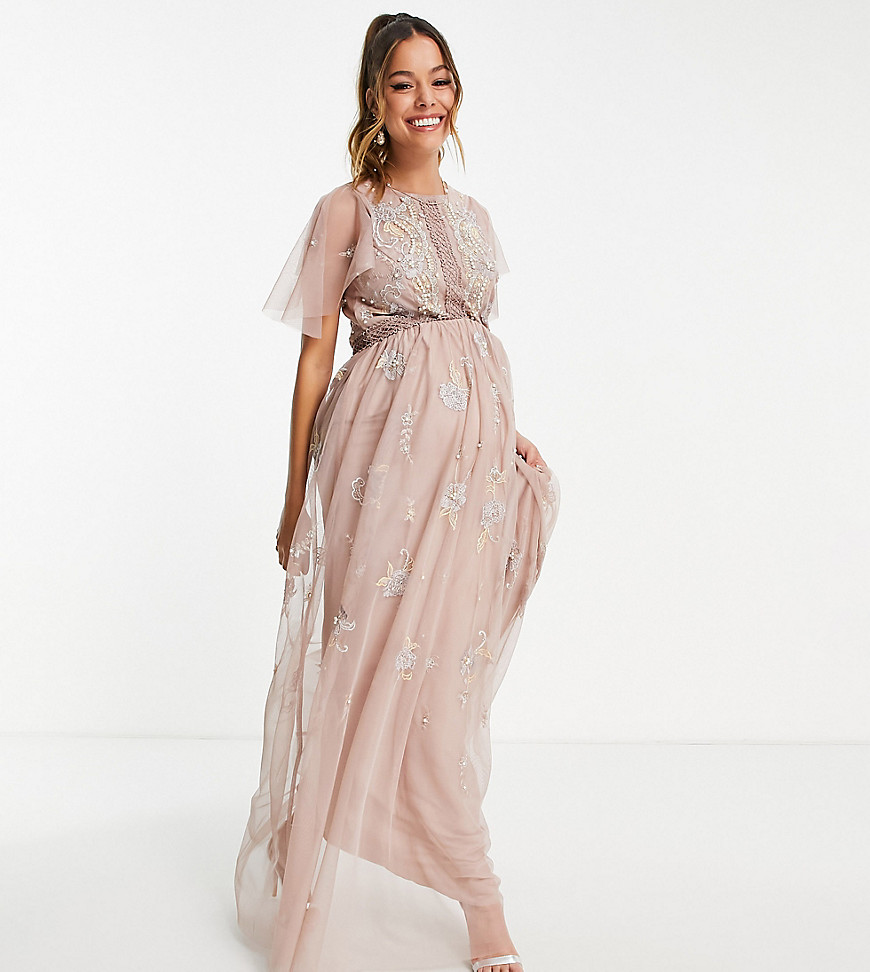 ASOS DESIGN Maternity Bridesmaid pearl embellished maxi dress with floral embroidery in rose-Pink