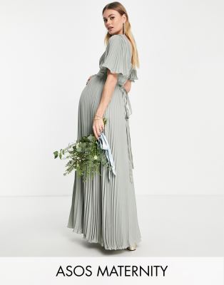 ASOS Maternity ASOS DESIGN Maternity Bridesmaid pleated flutter sleeve maxi dress with satin wrap waist in olive-Green