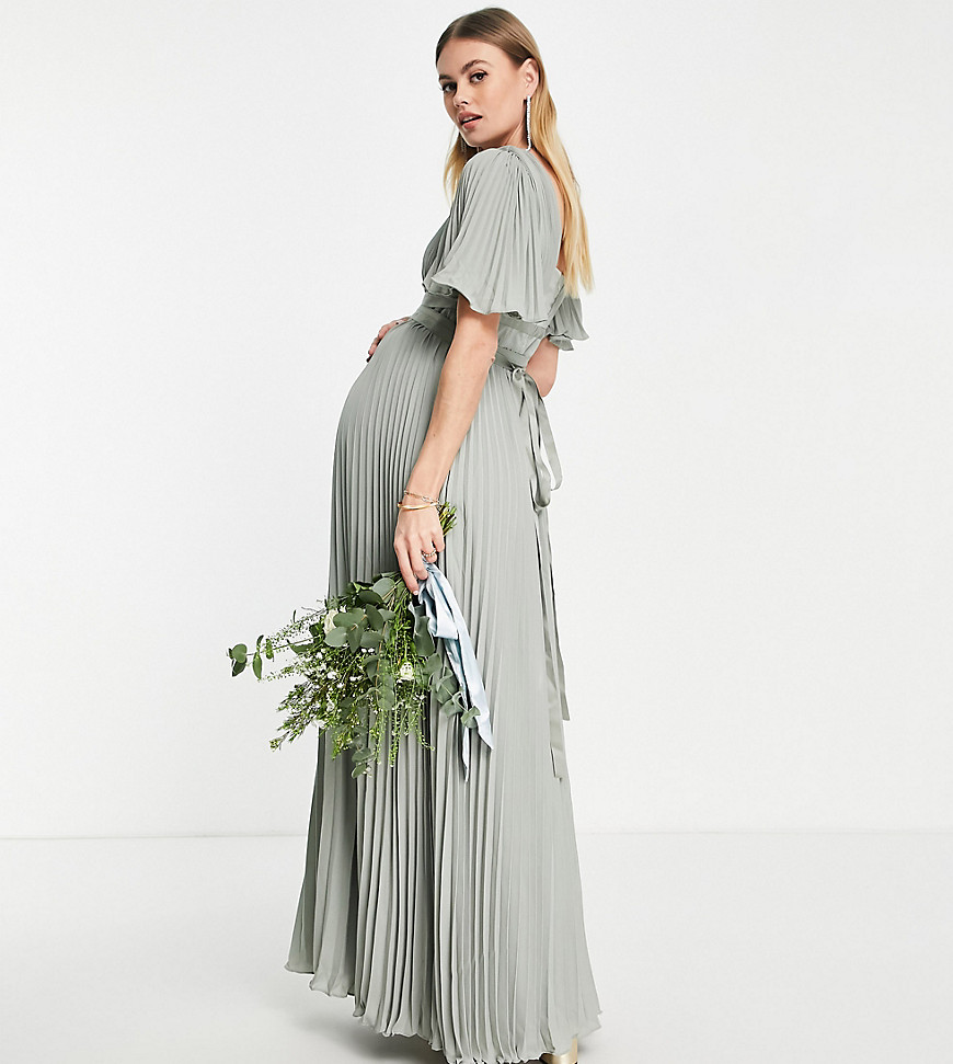 ASOS DESIGN Maternity Bridesmaid pleated flutter sleeve maxi dress with satin wrap waist in olive-Gr