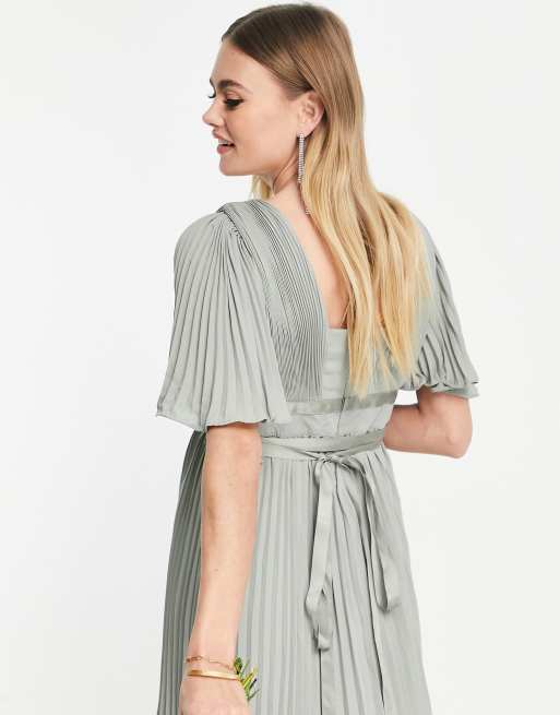 ASOS DESIGN Bridesmaid pleated flutter sleeve maxi dress with satin wrap  waist