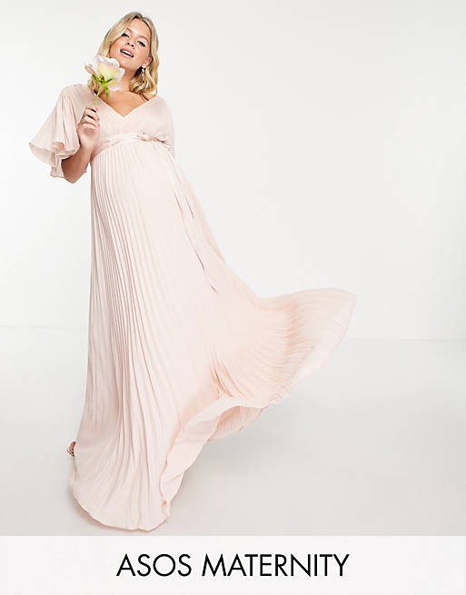  Maternity Bridesmaid pleated flutter sleeve maxi dress with satin wrap waist 
