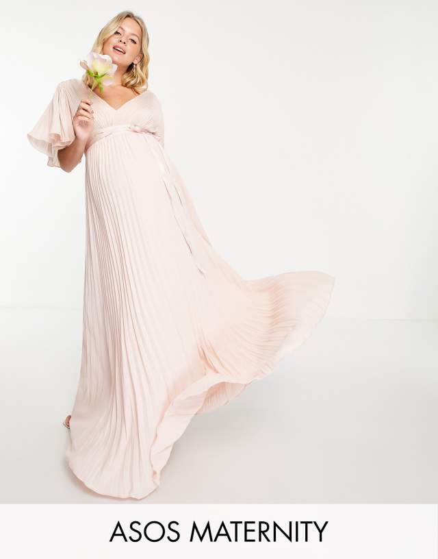 ASOS DESIGN Maternity Bridesmaid pleated flutter sleeve maxi dress with satin wrap waist