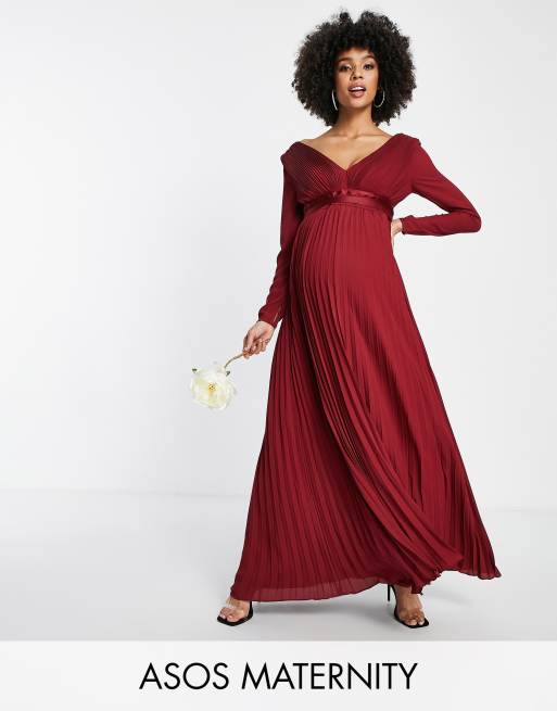 ASOS DESIGN Maternity Bridesmaid ruched waist maxi dress with long sleeves  and pleat skirt