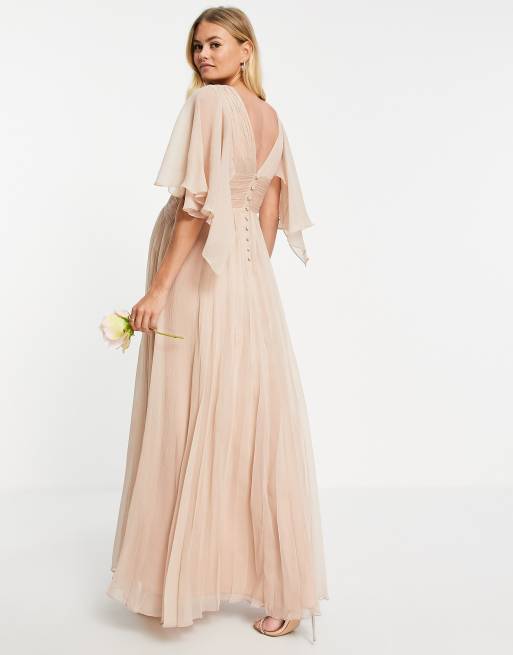 ASOS DESIGN Maternity Bridesmaid ruched bodice drape maxi dress with wrap  waist and flutter cape sleeve in blush