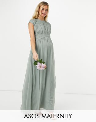 ASOS DESIGN Maternity Bridesmaid ruched bodice maxi dress with cap sleeve detail in olive-Green