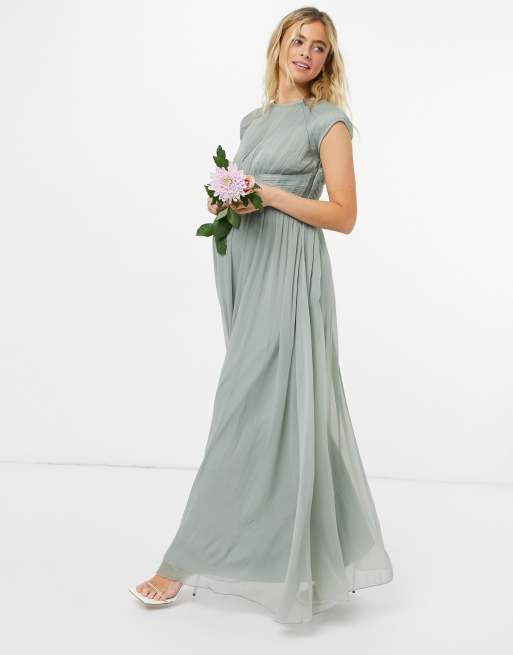 ASOS DESIGN Maternity Bridesmaid ruched bodice maxi dress with cap sleeve detail in olive, 4 of 4