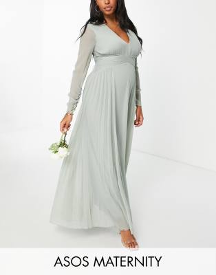 ASOS DESIGN Maternity Bridesmaid ruched waist maxi dress with long sleeves  and pleat skirt in olive | ASOS