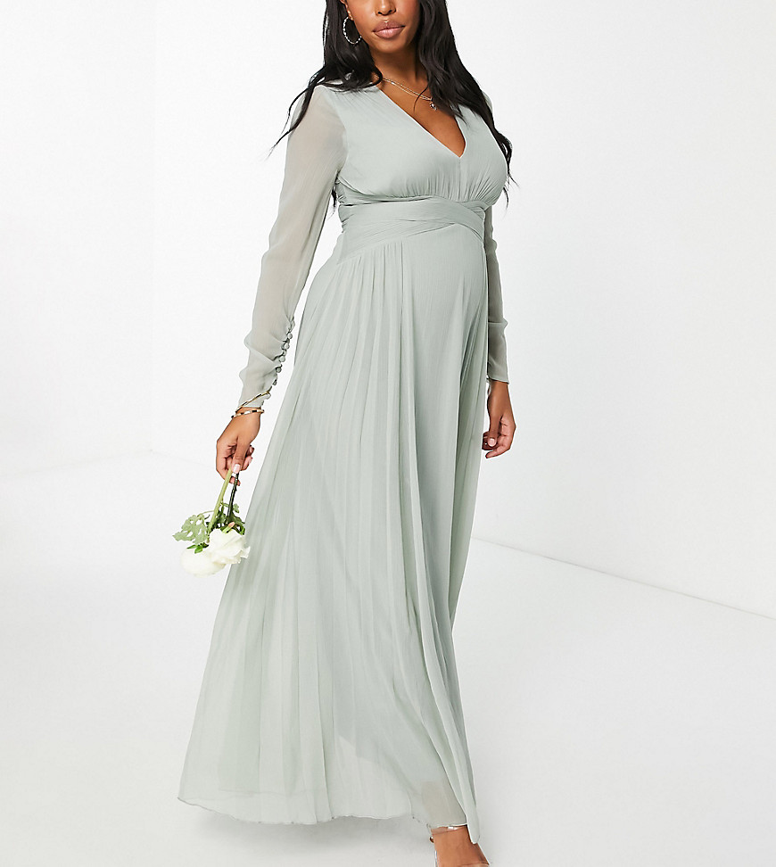 Asos Maternity - Asos design maternity bridesmaid ruched waist maxi dress with long sleeves and pleat skirt in olive-green