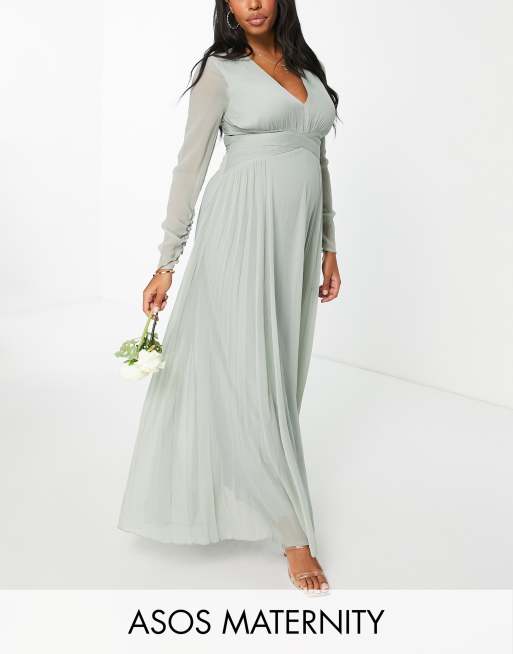 Asos Design Maternity Bridesmaid Ruched Waist Maxi Dress With Long Sleeves And Pleat Skirt In 