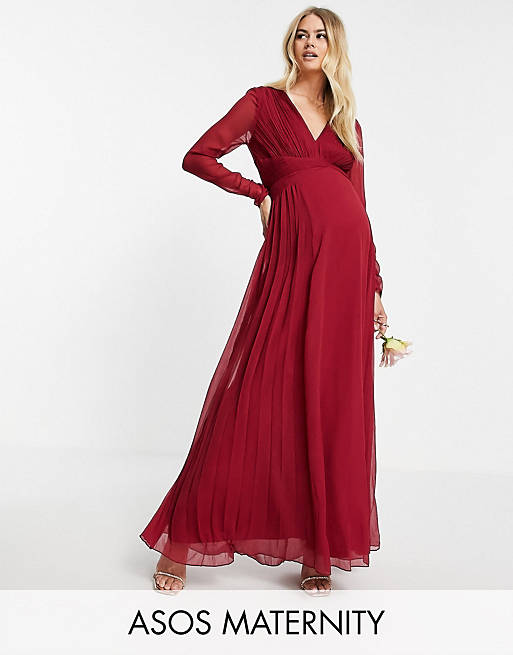 Women Maternity Bridesmaid ruched waist maxi dress with long sleeves and pleat skirt 
