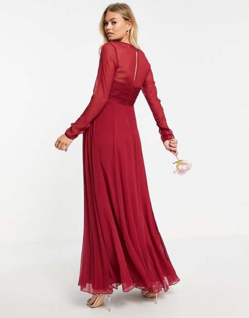 ASOS DESIGN Bridesmaid ruched waist maxi dress with long sleeves and pleat  skirt