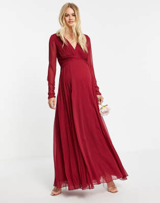 ASOS DESIGN Maternity Bridesmaid ruched waist maxi dress with long sleeves  and pleat skirt | ASOS