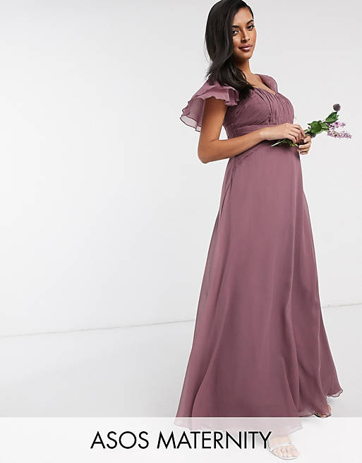 ASOS DESIGN Maternity Bridesmaid short sleeve ruched maxi dress in Dusty Mauve