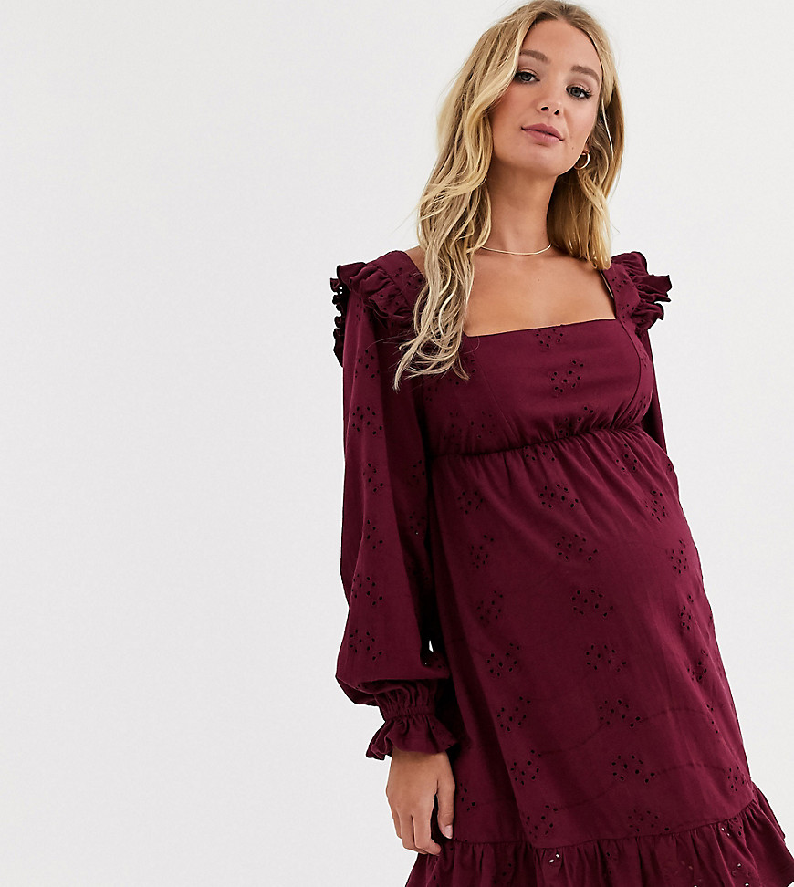 ASOS DESIGN Maternity broderie mini dress with frill shoulder in berry-Red