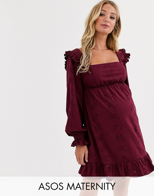 ASOS DESIGN Maternity broderie mini dress with frill shoulder in berry