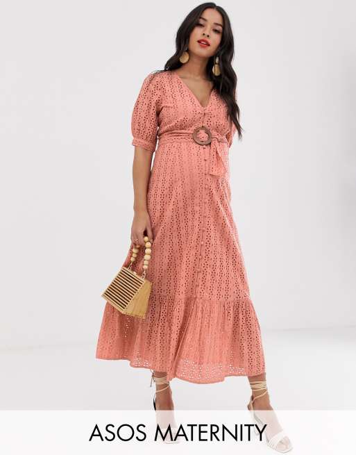 Asos Design Maternity Broderie Pephem Maxi Dress With Wooden Belt Asos