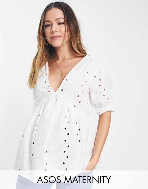 ASOS DESIGN Maternity broderie v neck midi dress with buttons in