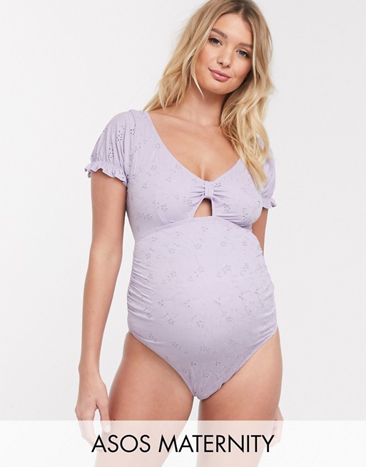 ASOS DESIGN maternity broderie swimsuit in lilac