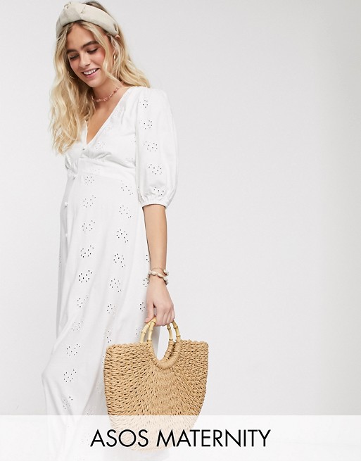 ASOS DESIGN Maternity broderie tea maxi dress with puff sleeve in white