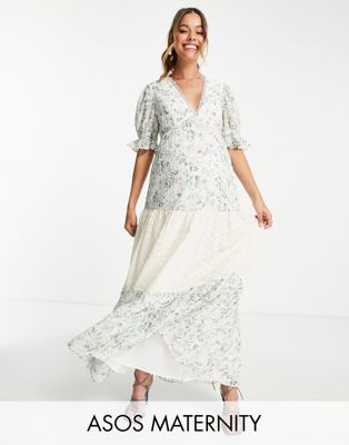 ASOS DESIGN Maternity broderie tiered midi tea dress in mixed ditsy print