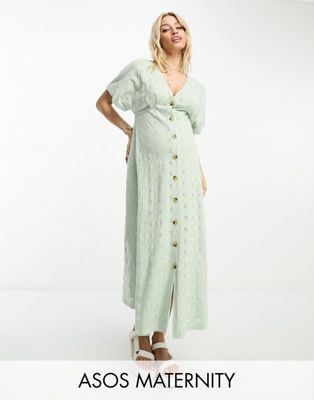 ASOS DESIGN Maternity broderie v neck midi dress with buttons in sage and cream contrast