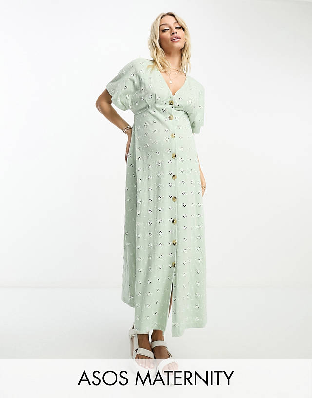 ASOS Maternity - ASOS DESIGN Maternity broderie v neck midi dress with buttons in sage and cream contrast