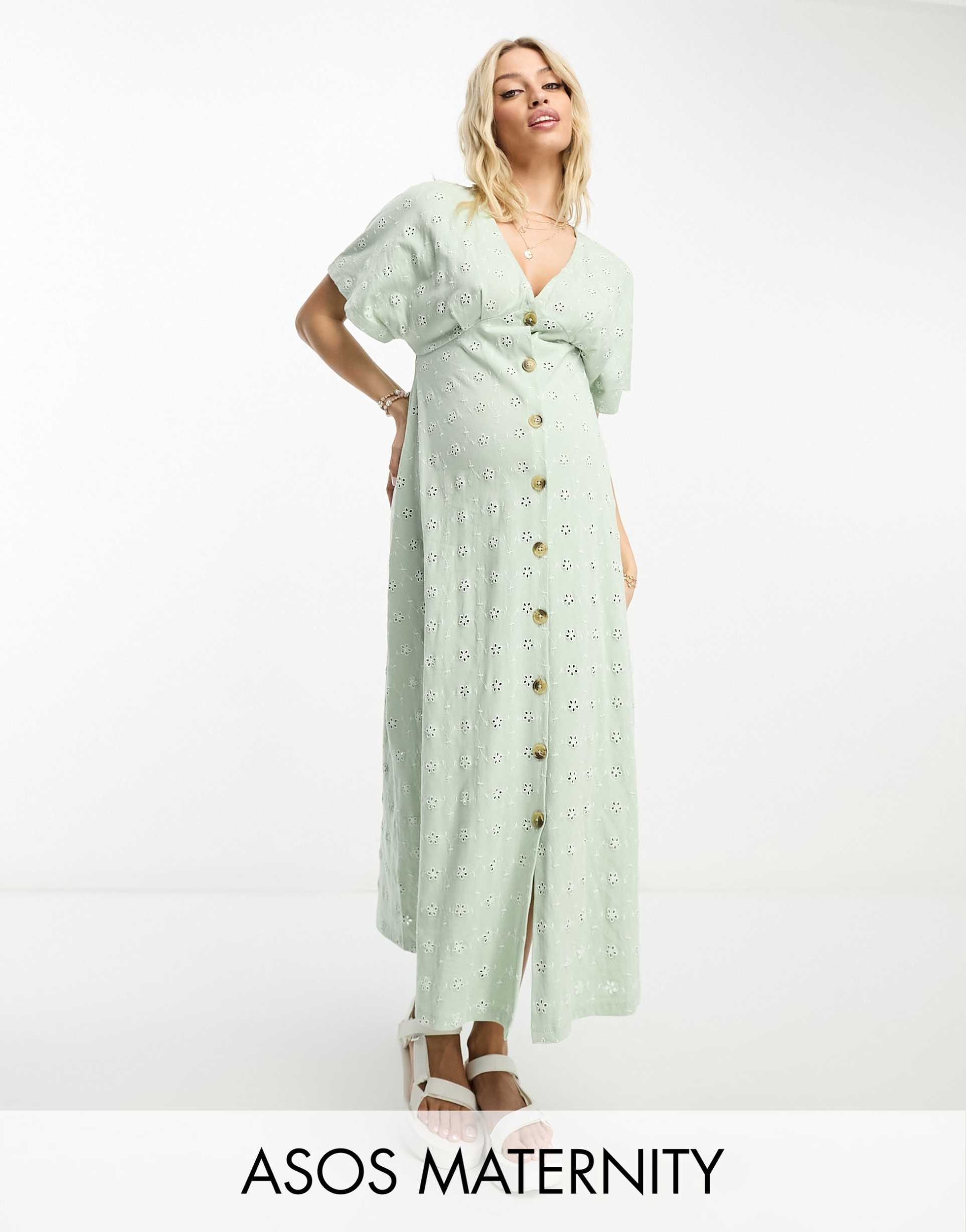 asos design maternity broderie v neck midi dress with buttons in sage and cream contrast