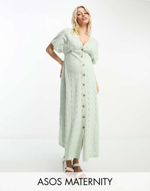 ASOS DESIGN Maternity Button Through Jacquard Midi Dress with long sleeves, ASOS