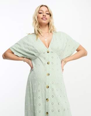 ASOS DESIGN Maternity broderie v neck midi dress with buttons in sage and  cream contrast