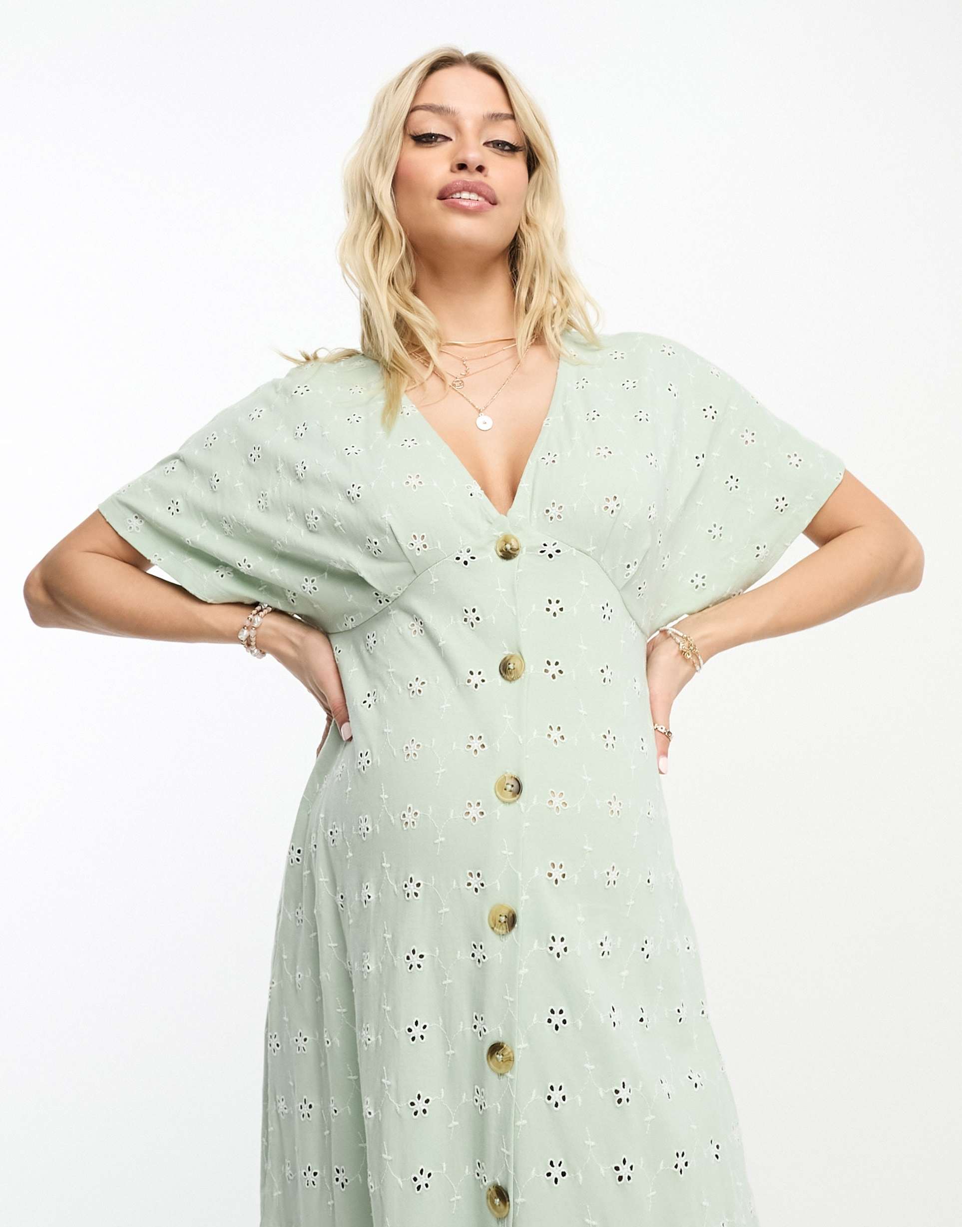 asos design maternity broderie v neck midi dress with buttons in sage and cream contrast