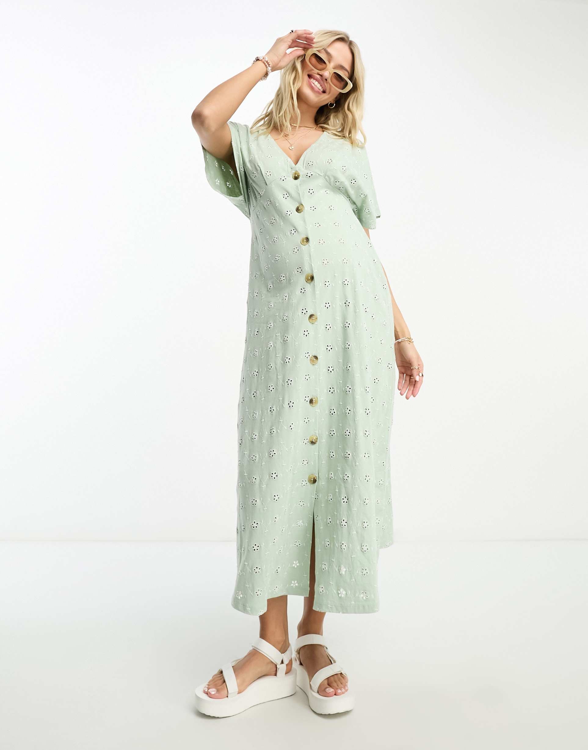 asos design maternity broderie v neck midi dress with buttons in sage and cream contrast