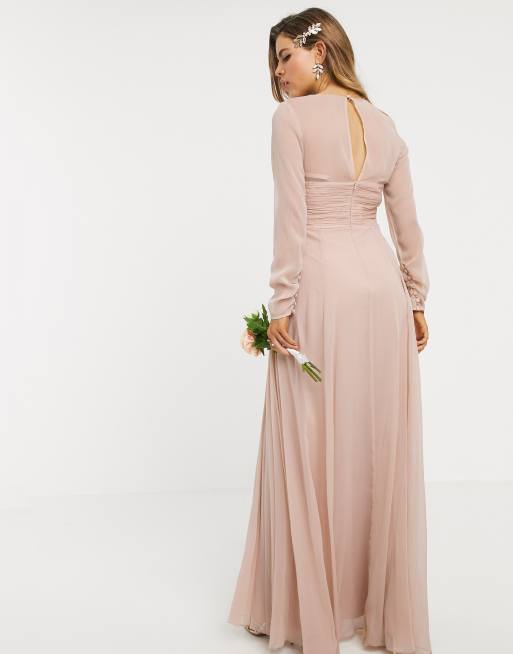 ASOS DESIGN Maternity – Brudtärna – Rosa maxiklänning med ryschad midja, lång ärm och plisserad kjol, 2 av 4