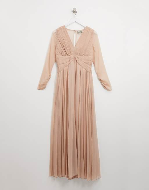 ASOS DESIGN Maternity – Brudtärna – Rosa maxiklänning med ryschad midja, lång ärm och plisserad kjol, 3 av 4