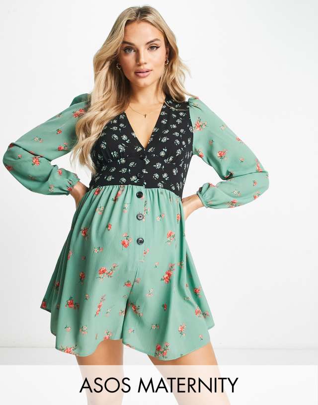 ASOS DESIGN Maternity bubble crepe plunge neck romper with puff sleeve in mixed print