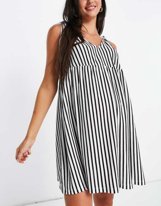 ASOS DESIGN Maternity bunny tie shoulder mini smock dress in black and white stripe