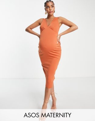 ASOS DESIGN Maternity button back midi dress in rust