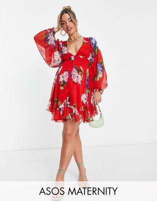 ASOS DESIGN Maternity button detail mini dress with blouson sleeve in red floral-Multi