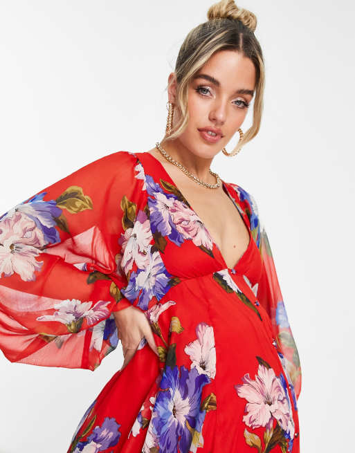 ASOS DESIGN Maternity button detail mini dress with blouson sleeve in red  floral