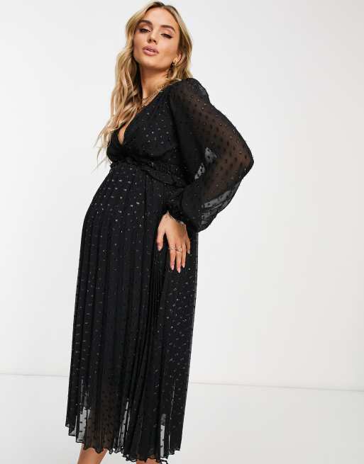 ASOS DESIGN Maternity button detail ruched waist pleated midi dress in  metallic texture in black