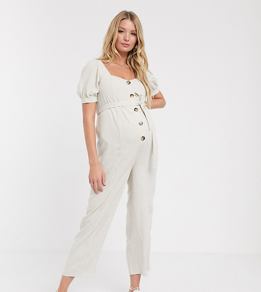 ASOS DESIGN Maternity button front tie waist puff sleeve jumpsuit with short sleeves-Stone