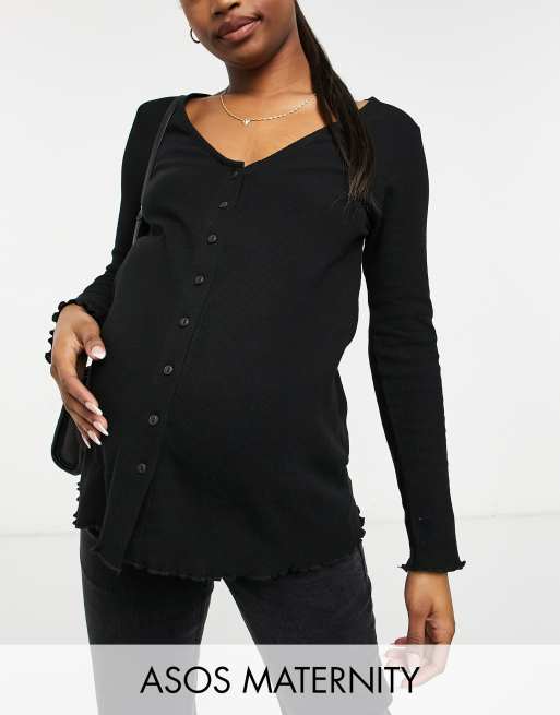ASOS DESIGN Maternity button front top in waffle in black