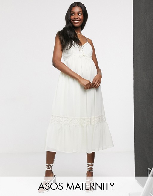 ASOS DESIGN Maternity button through lace insert cami midi dress in ivory