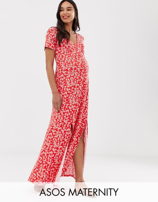 Asos Design Maternity Button Through Maxi Tea Dress With Splits In Ditsy Print Asos 