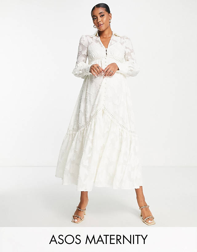 ASOS DESIGN Maternity button through midi shirt dress with lace inserts in burnout in cream