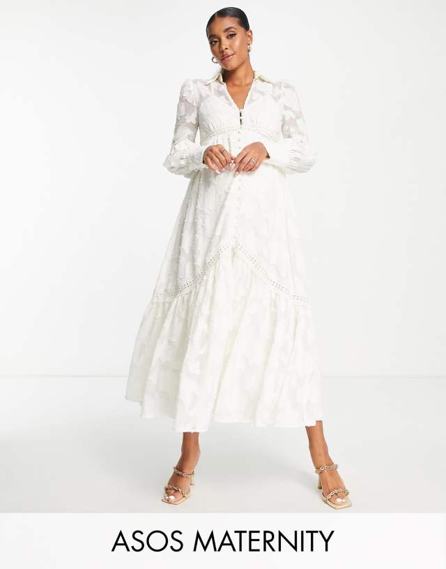 ASOS DESIGN Maternity button through midi shirt dress with lace inserts in burnout in cream