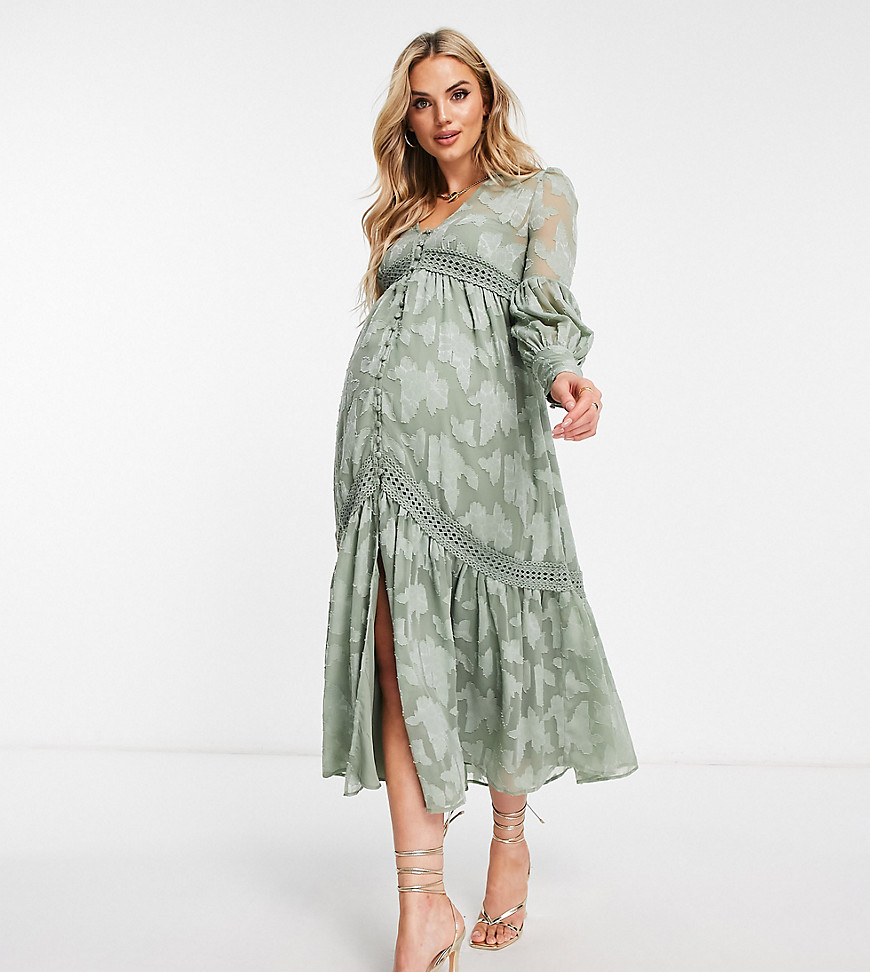ASOS DESIGN Maternity button through midi shirt dress with lace inserts in burnout in khaki-Green