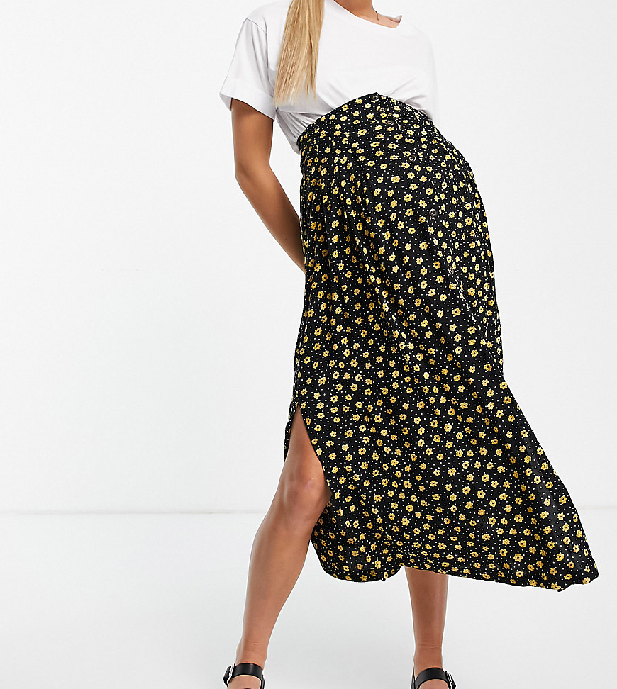 Asos Maternity - Asos design maternity button through midi skirt with deep pocket detail in yellow floral and dot print-multi