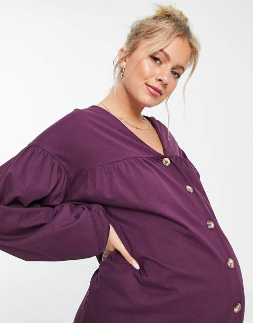 ASOS DESIGN Maternity button through mini smock dress with long sleeves in aubergine, 3 of 4