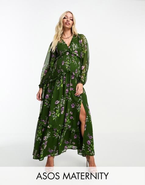 ASOS DESIGN Maternity blouson sleeve mini dress with floral embellished  bodice detail in stone